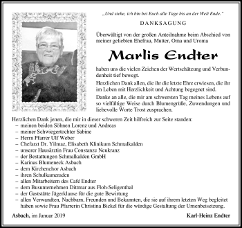Traueranzeige von Marlis Endter von Südthüringer Presse