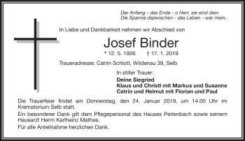 Traueranzeige von Josef Binder von Frankenpost