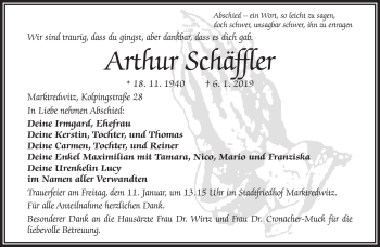 Traueranzeige von Arthur Schäffler von Frankenpost