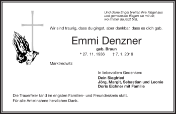 Traueranzeige von Emmi Denzner von Frankenpost