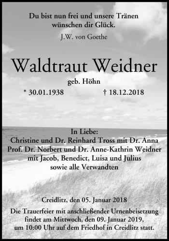 Traueranzeige von Waldtraut Weidner von Neue Presse Coburg