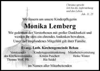 Traueranzeige von Monika Lemberg von Frankenpost