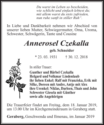 Traueranzeige von Annerosel Czekalla von Südthüringer Presse