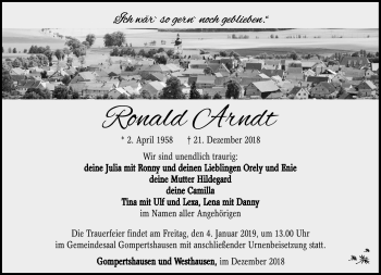 Traueranzeige von Ronald Arndt von Südthüringer Presse