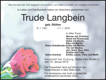 Traueranzeige von Trude Langbein von Neue Presse Coburg