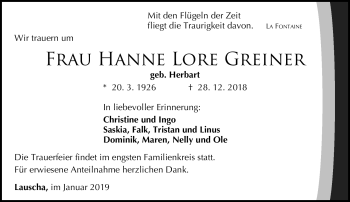 Traueranzeige von Hanne Lore Greiner von Südthüringer Presse