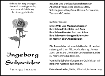 Traueranzeige von Ingeborg Schneider von Südthüringer Presse