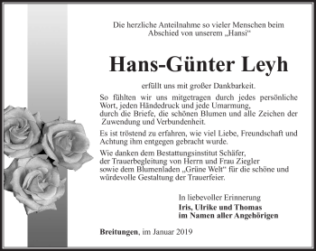 Traueranzeige von Hans-Günter Leyh von Südthüringer Presse