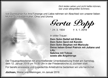 Traueranzeige von Gerta Popp von Südthüringer Presse