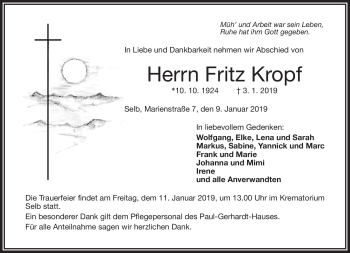 Traueranzeige von Fritz Kropf von Frankenpost