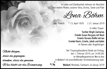 Traueranzeige von Lona Böhm von Südthüringer Presse