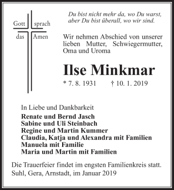 Traueranzeige von Ilse Minkmar von Südthüringer Presse