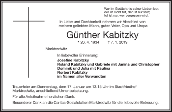Traueranzeige von Günther Kabitzky von Frankenpost