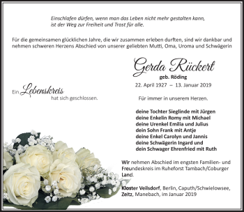 Traueranzeige von Gerda Rückert von Südthüringer Presse