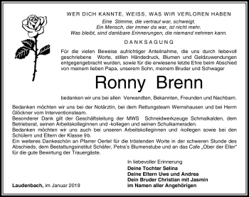 Traueranzeige von Ronny Brenn von Südthüringer Presse