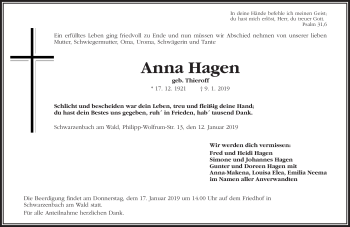 Traueranzeige von Anna Hagen von Frankenpost