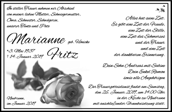 Traueranzeige von Marianne Fritz von Südthüringer Presse