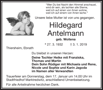 Traueranzeige von Hildegard Antelmann von Frankenpost