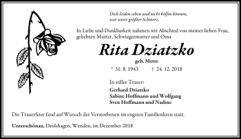 Traueranzeige von Rita Dziatzko von Südthüringer Presse