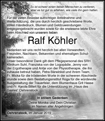 Traueranzeige von Ralf Köhler von Südthüringer Presse