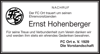 Traueranzeige von Ernst Hohenberger von Frankenpost