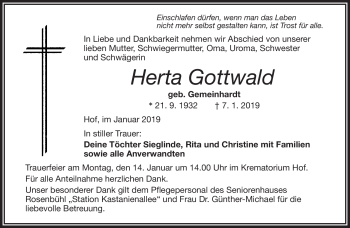 Traueranzeige von Herta Gottwald von Frankenpost