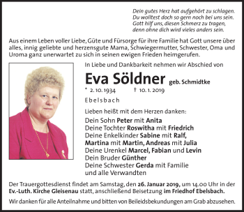 Traueranzeige von Eva Söldner von Neue Presse Coburg