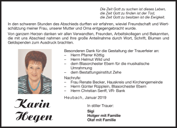 Traueranzeige von Karin Hegen von Neue Presse Coburg