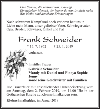 Traueranzeige von Frank Schneider von Südthüringer Presse