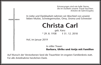 Traueranzeige von Christa Carl von Frankenpost