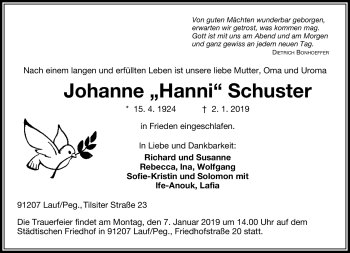 Traueranzeige von Johanne Schuster von Frankenpost