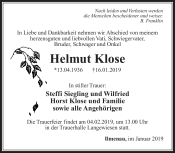Traueranzeige von Hermann FRiedrich Helmut Klose von Südthüringer Presse