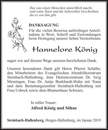Traueranzeige von Hannelore König von Südthüringer Presse