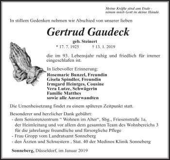Traueranzeige von Gertrud Gaudeck von Südthüringer Presse