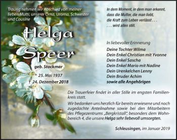 Traueranzeige von Helga Speer von Südthüringer Presse