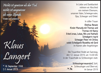Traueranzeige von Klaus Langert von Südthüringer Presse