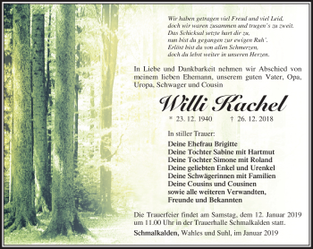 Traueranzeige von Willi Kachel von Südthüringer Presse