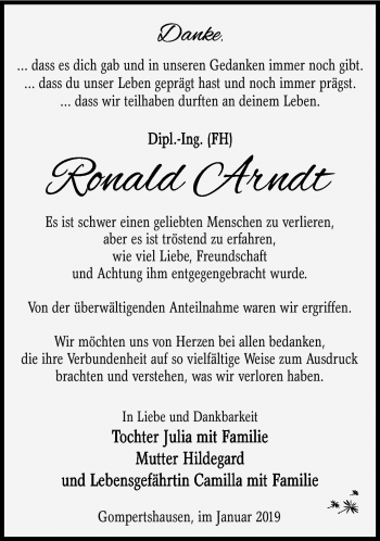 Traueranzeige von Ronald Arndt von Südthüringer Presse
