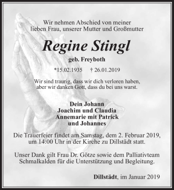 Traueranzeige von Regine Stingl von Südthüringer Presse
