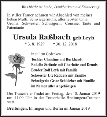 Traueranzeige von Ursula Raßbach von Südthüringer Presse