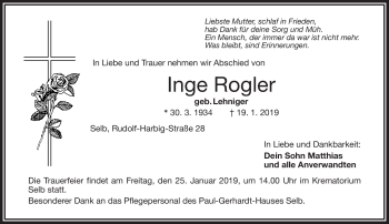 Traueranzeige von Inge Rogler von Frankenpost