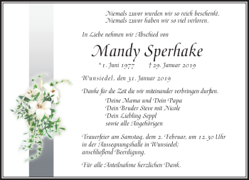 Traueranzeige von Mandy Sperhake von Frankenpost