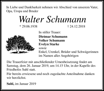 Traueranzeige von Walter Schumann von Südthüringer Presse