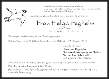 Traueranzeige von Helga Feghelm von Frankenpost