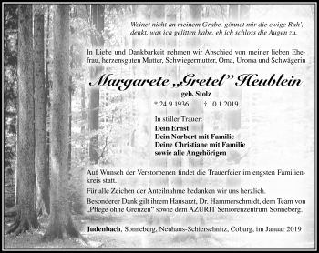 Traueranzeige von Margarete Heublein von Südthüringer Presse