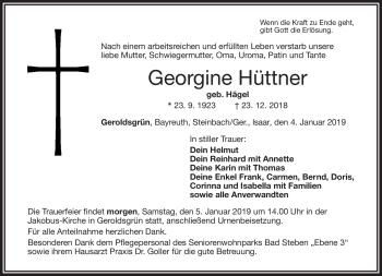 Traueranzeige von Georgine Hüttner von Frankenpost