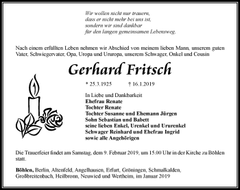 Traueranzeige von Gerhard Fritsch von Südthüringer Presse