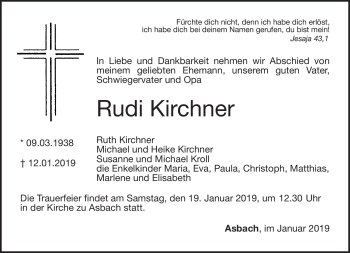 Traueranzeige von Rudi Kirchner von Südthüringer Presse