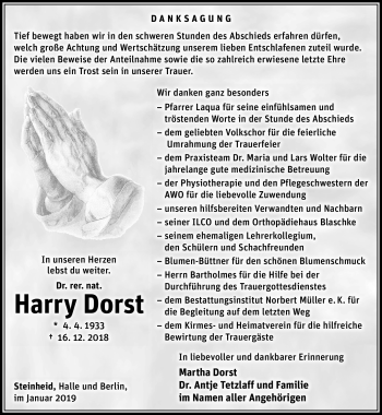 Traueranzeige von Dr. rer. nat. Harry Dorst von Südthüringer Presse