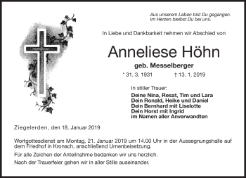 Traueranzeige von Anneliese Höhn von Neue Presse Coburg